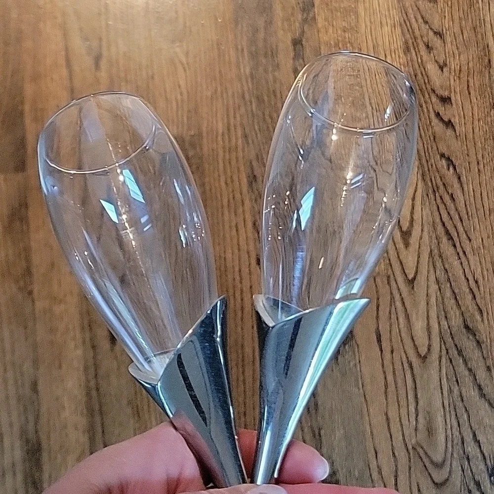 2 LENOX Crystal Champagne Flute Wedding Anniversary Silverplate Stems Heart Vtg